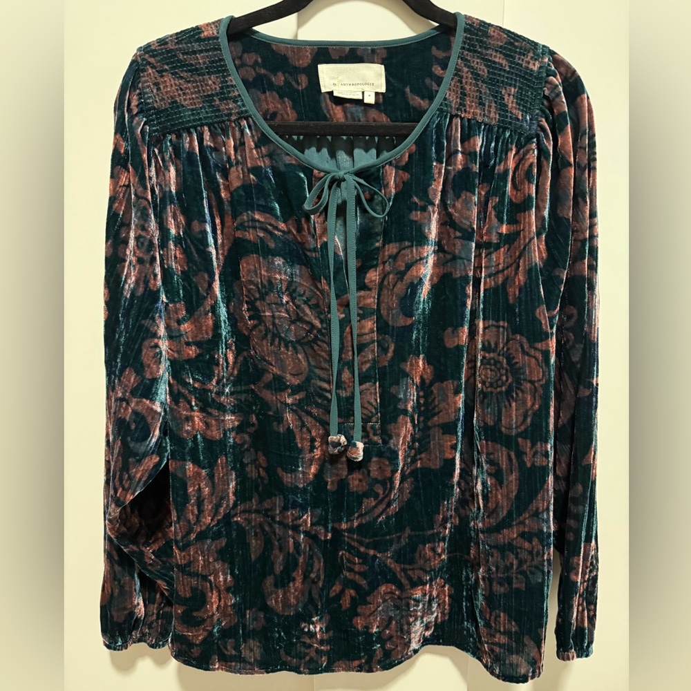 Anthropologie Faustino Velvet Peasant Blouse Old World Elegant Pastoral Floral - Picture 5 of 11